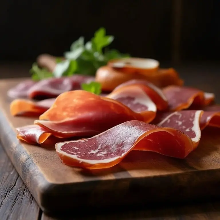 Thin slices of cured meat are arranged on a wooden chopping board, with fresh herbs and a small dish in the blurred background. The scene is warmly lit, highlighting the rich marbling and texture of the meat.