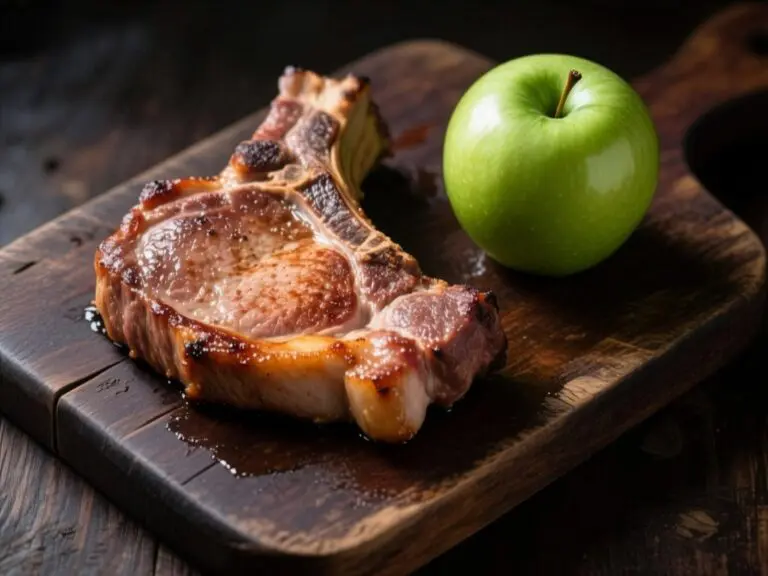 A cooked pork chop and a whole green apple sit side by side on a dark wooden chopping board, with warm lighting highlighting their textures.