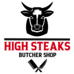 Logo for High Steaks Butcher Shop featuring a black and white bull's head above the shop name in bold red and black letters, with a cleaver and knife crossed below the text.