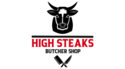 Logo for High Steaks Butcher Shop featuring a black and white bull's head above the shop name in bold red and black letters, with a cleaver and knife crossed below the text.